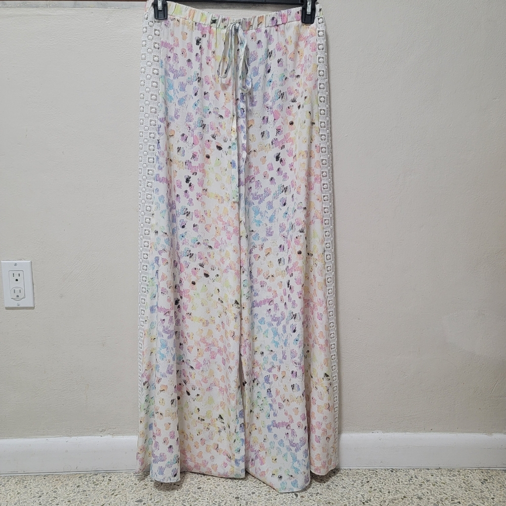 Alexis Pants Wide Leg Multicolor High Rise Lace Embroidery Silk Loose Pastel L